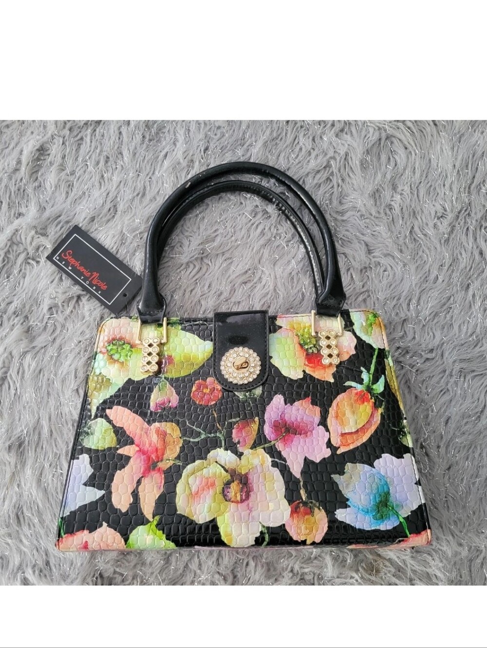 Y2k Vegan Patent Leather Structured Hand Bag Purse Bright Floral Rhinestones NWT